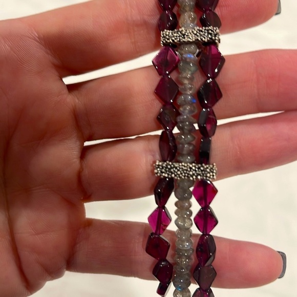 Beautiful 3 Row Sterling Silver, Garnet & Moonstone Bracelet -Lobster Claw Clasp - Picture 2 of 6